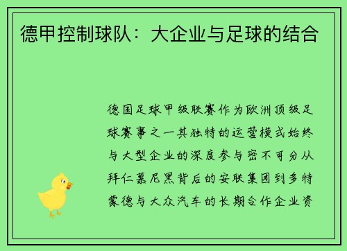 德甲控制球队：大企业与足球的结合